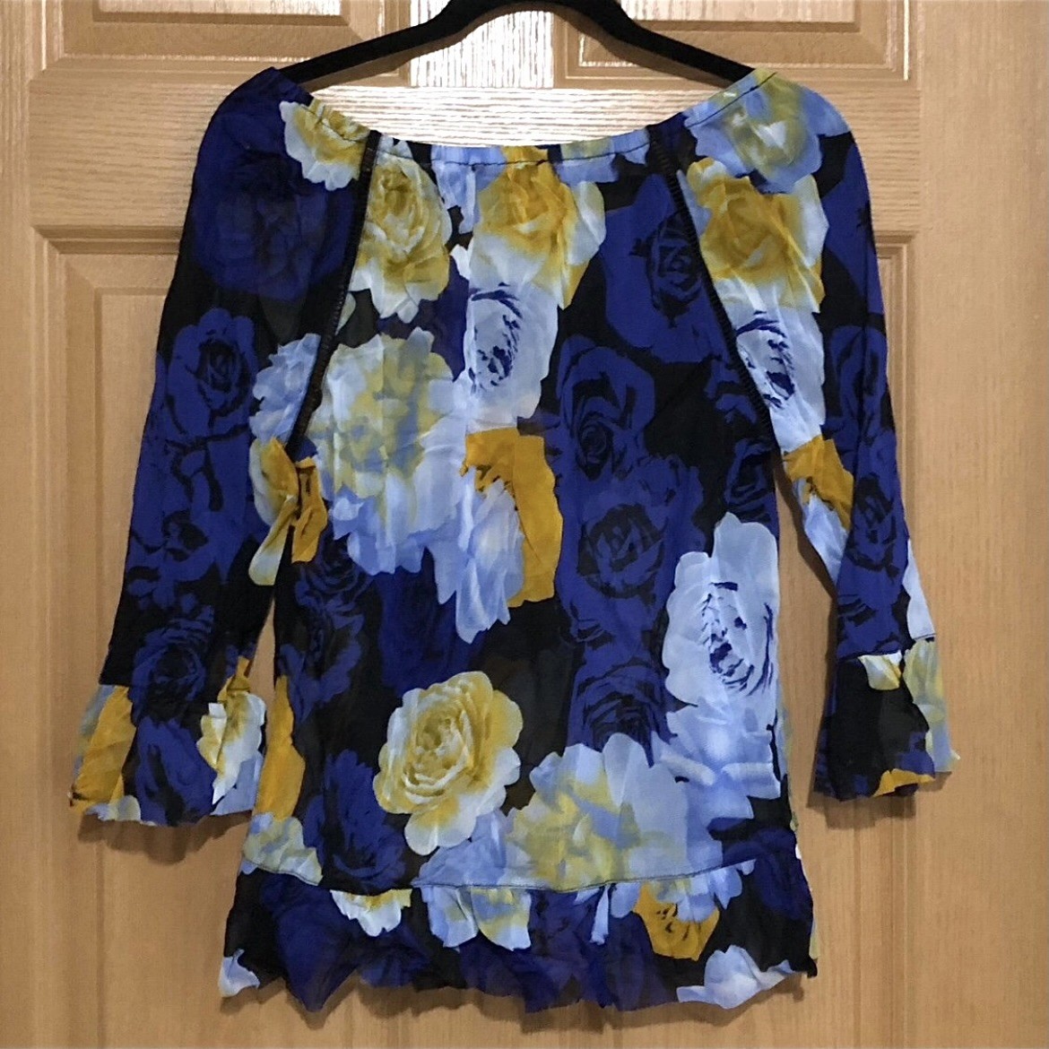 INC International Concepts Mesh Blouse Floral Blue Yellow Roses - photo 5