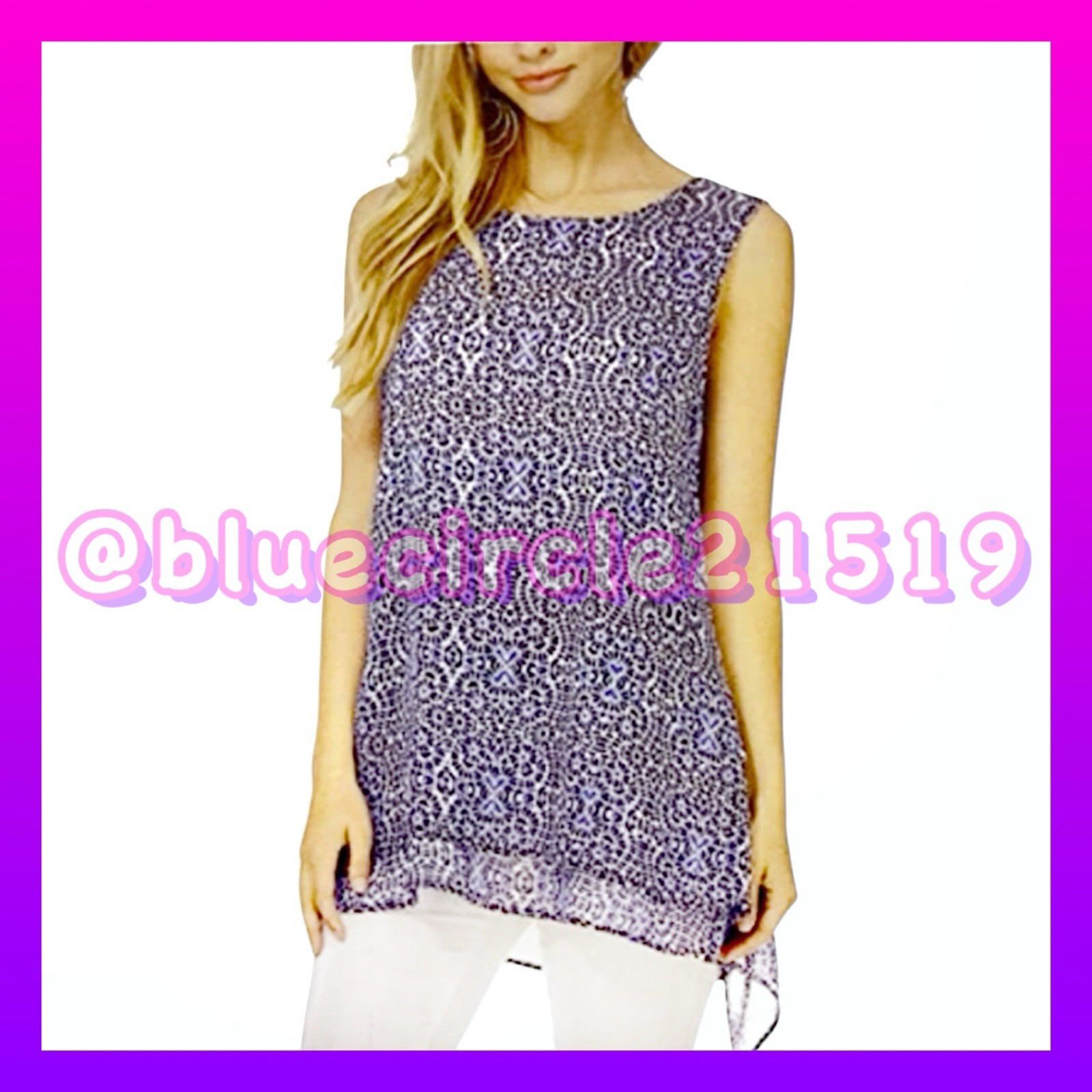 Fever Women’s Sleeveless Blouse Blue Mosaic Flower Print Medium