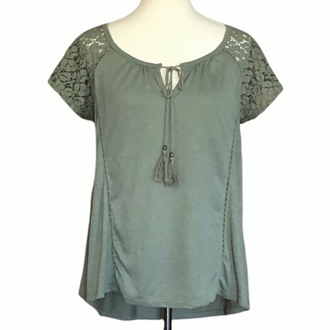 New Directions Olive Green Lace Cap Sleeve Top - Size M - photo 2