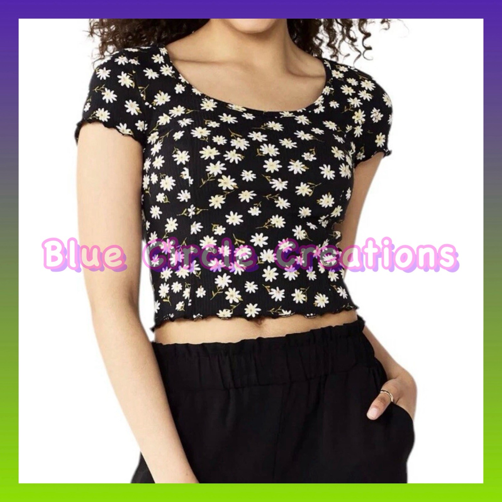 SO® Short Sleeve Scoopneck Baby Tee Black with Flowers