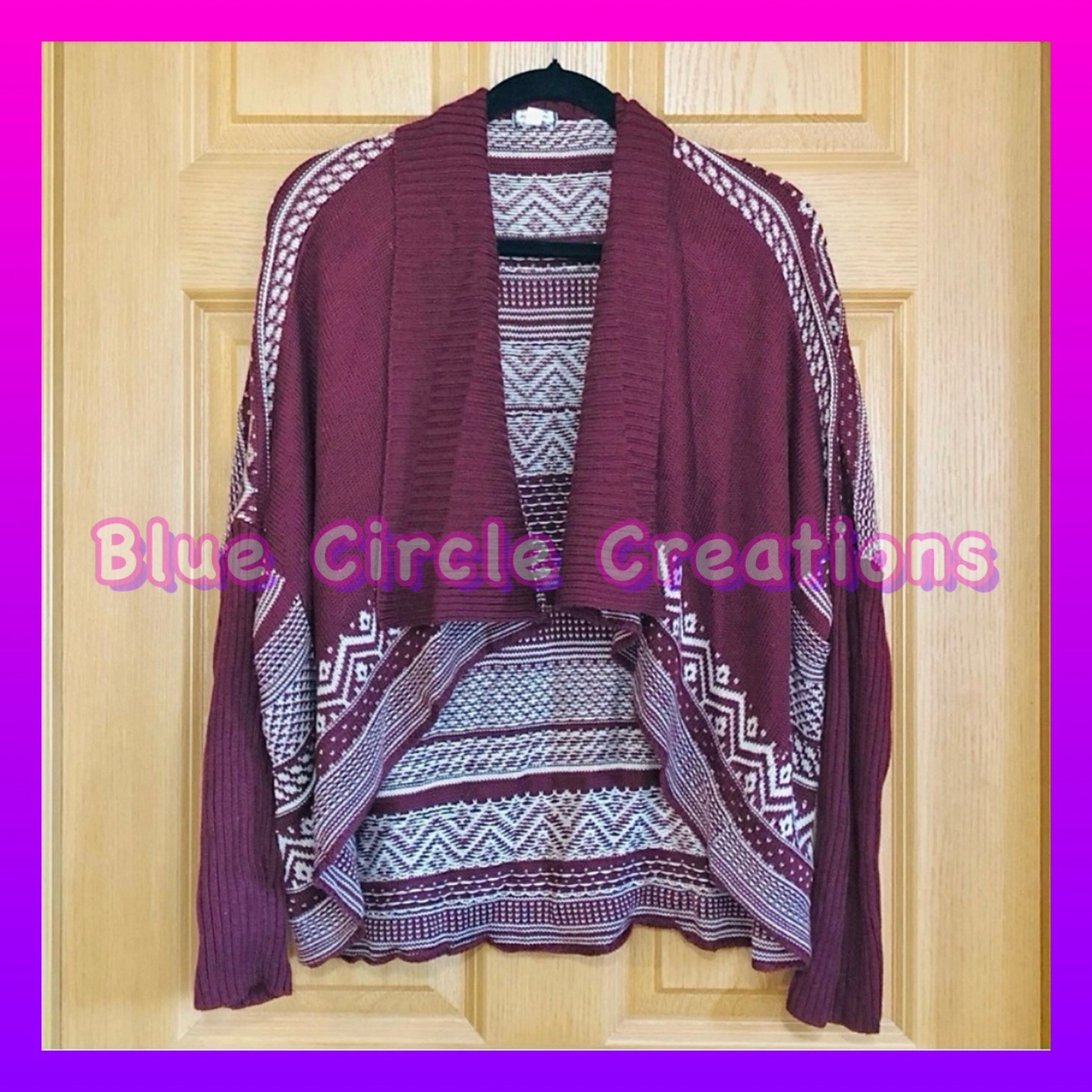 Eyeshadow Burgundy White Aztec Duster Cardigan Sweater Lg