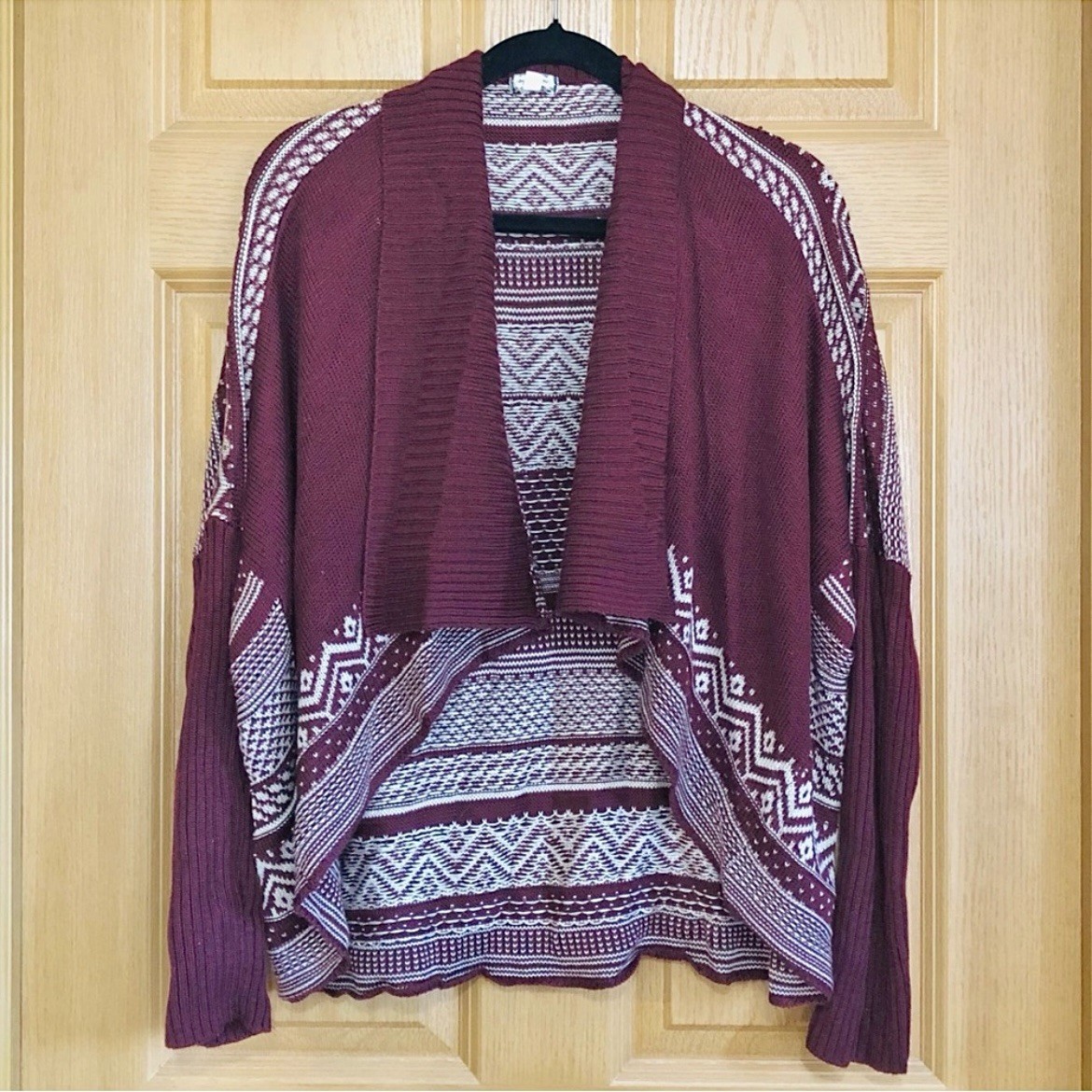 Eyeshadow Burgundy White Aztec Duster Cardigan Sweater Lg - photo 5