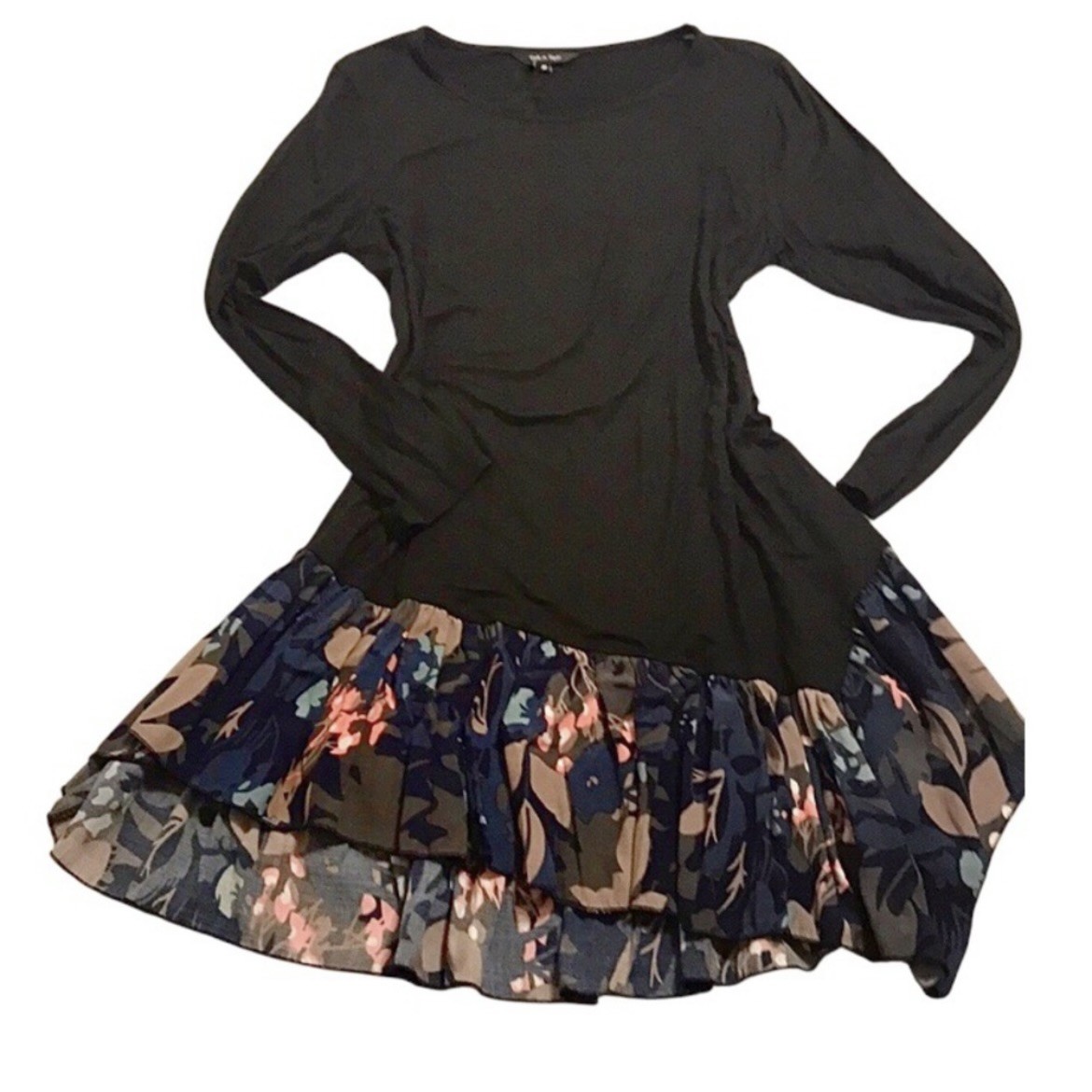 Yak N Yeti Long Sleeve Tunic Top - Black Floral Ruffle - Size M - photo 3