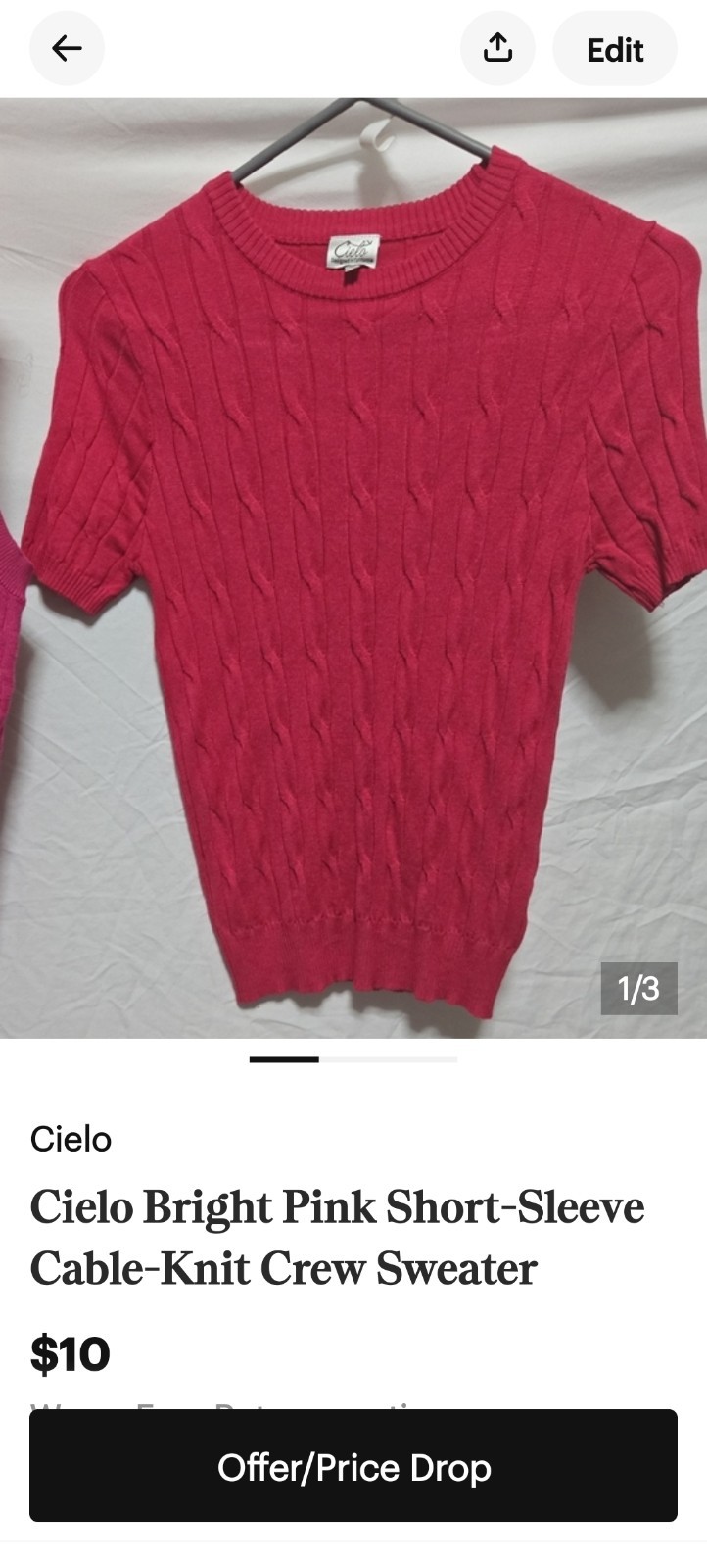Cielo Bright Pink Short Sleeve Cable Knit Crew Sweater
