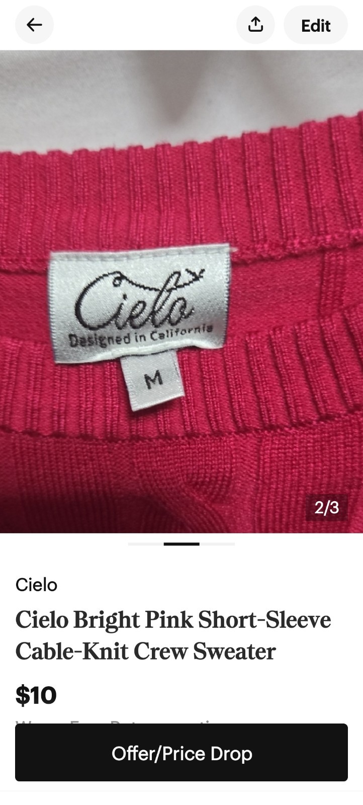 Cielo Bright Pink Short Sleeve Cable Knit Crew Sweater - photo 2