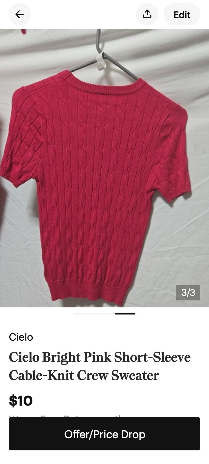 Cielo Bright Pink Short Sleeve Cable Knit Crew Sweater - photo 3