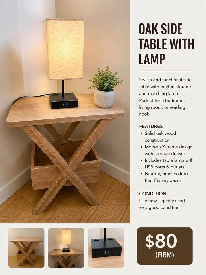 Oak-Style Side Table with Lamp & USB Ports - photo 4