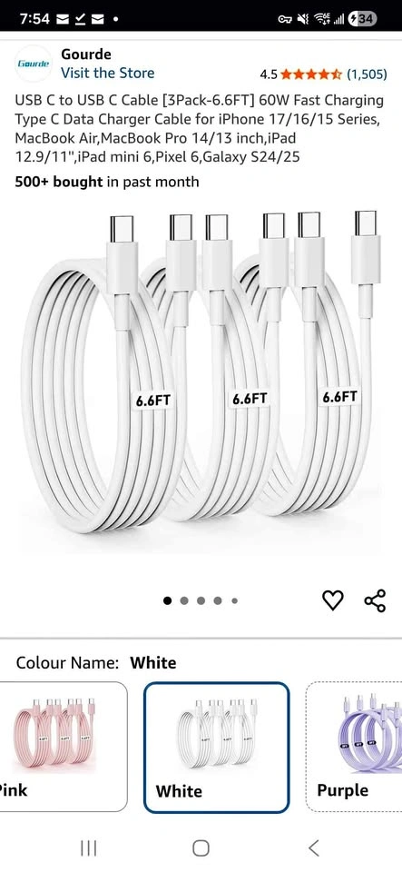 USB‑C to USB‑C Fast Charging Cables – 3‑Pack – BNIB – $10 60W