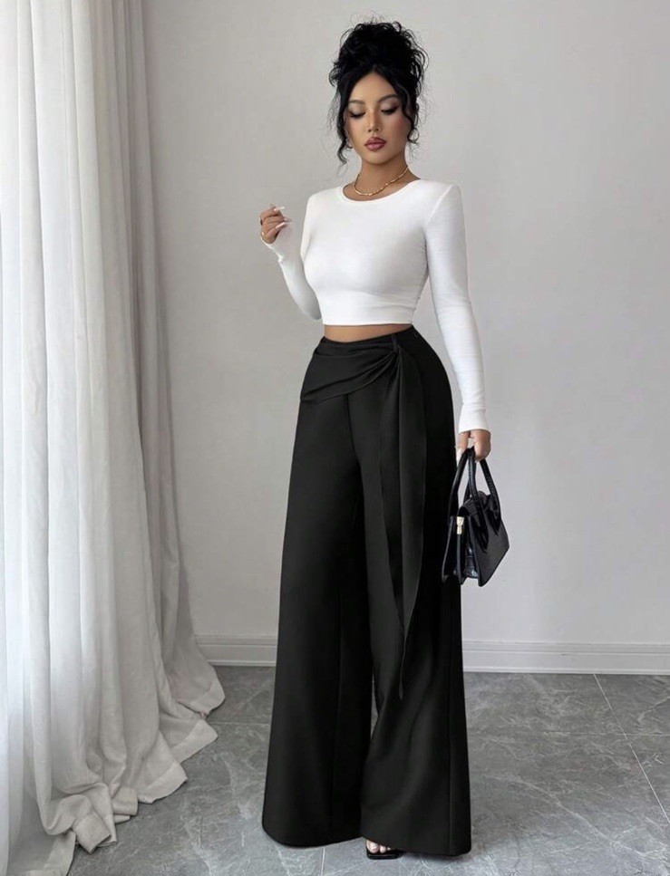 SKIMS Wide-Leg Black Satin Wrap Pants High Rise Comfort 31" Inse - photo 3
