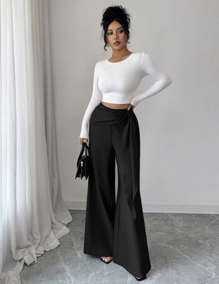 SKIMS Wide-Leg Black Satin Wrap Pants High Rise Comfort 31" Inse - photo 4