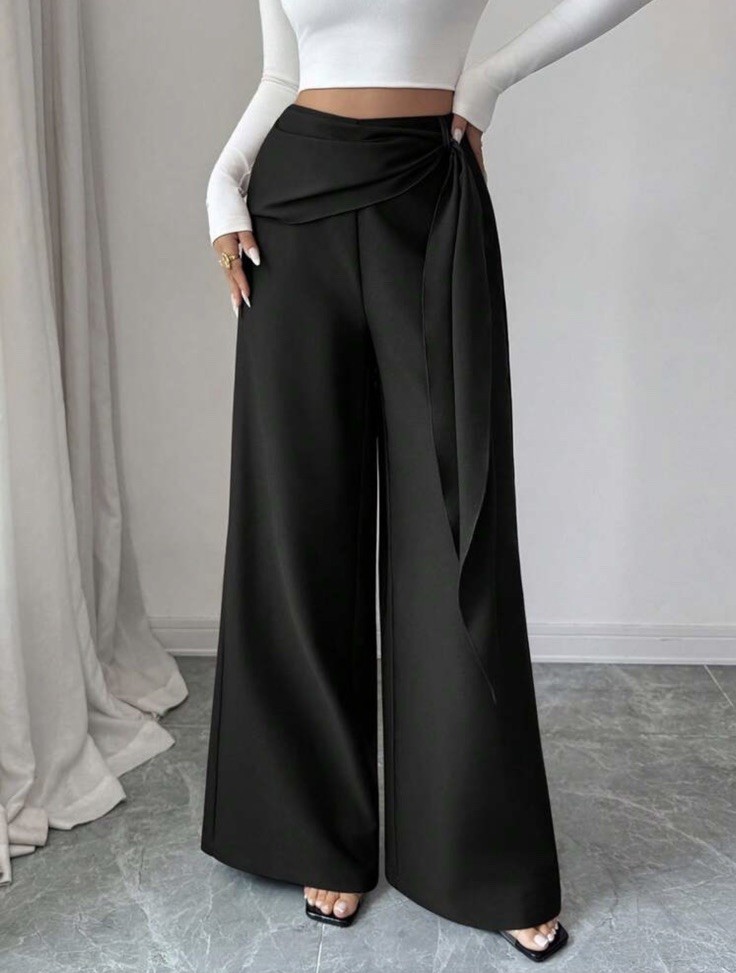 SKIMS Wide-Leg Black Satin Wrap Pants High Rise Comfort 31" Inse - photo 5