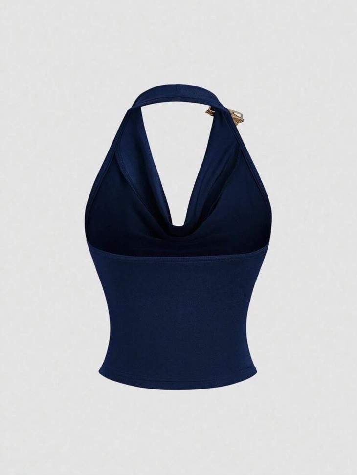 Shein Navy Blue Halter Cropped Cowl Neck Flower Accent Top L