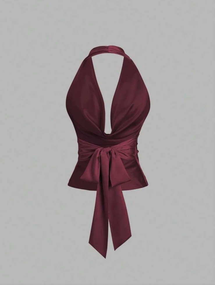 Womens Burgundy Satin Halter Top Size M