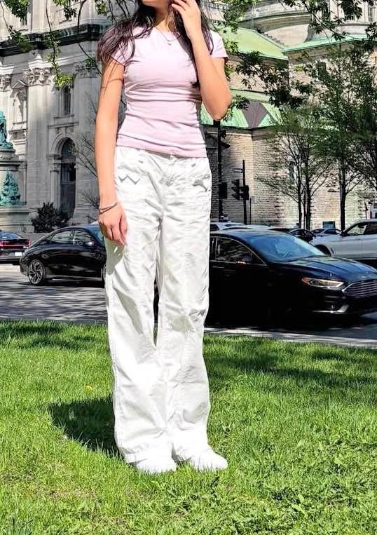 White Wide Leg Parachute Cargo Pants & Pink Top