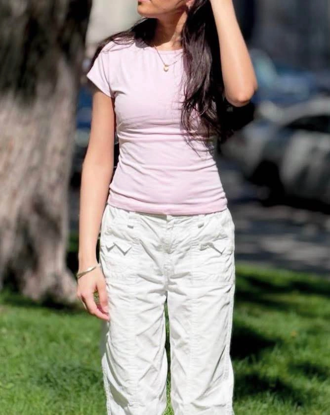 White Wide Leg Parachute Cargo Pants & Pink Top - photo 2