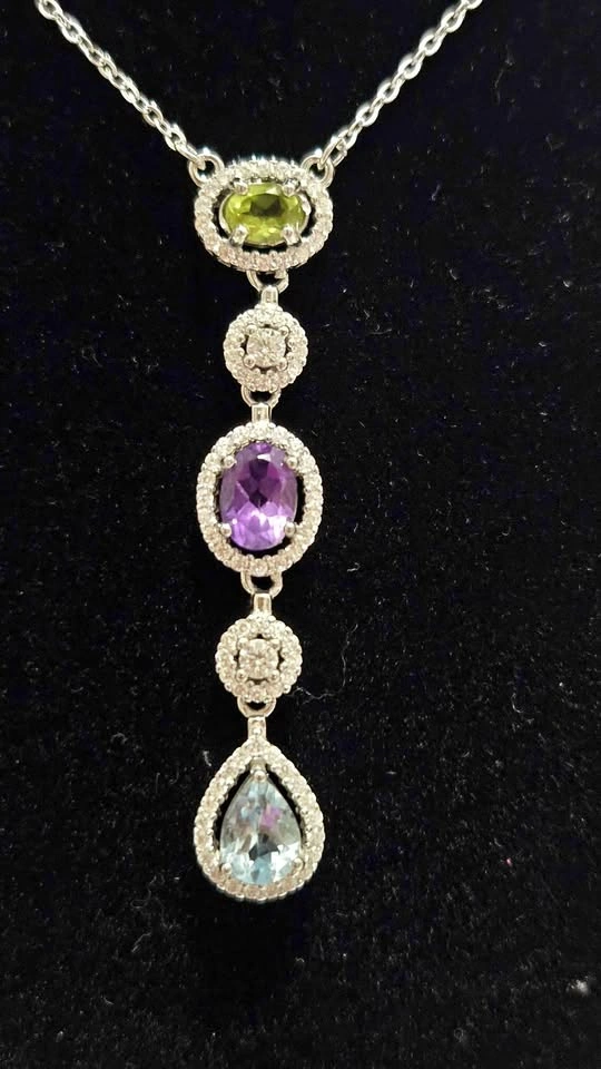 S925 Sterling Silver Multi Gemstone Dangle Necklace
