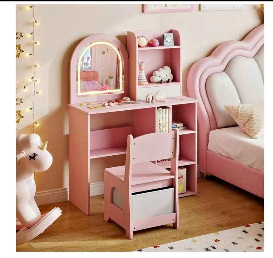 Kids Vanity Table with Chair, LED Mirror, and Storage Shelves, P