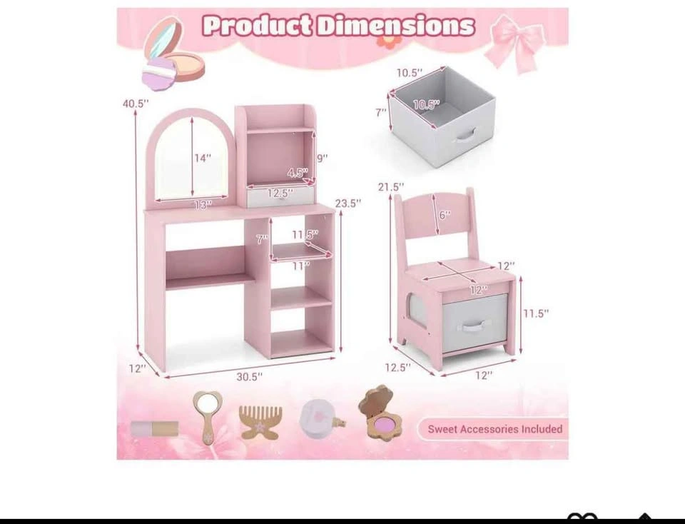 Kids Vanity Table with Chair, LED Mirror, and Storage Shelves, P - photo 2