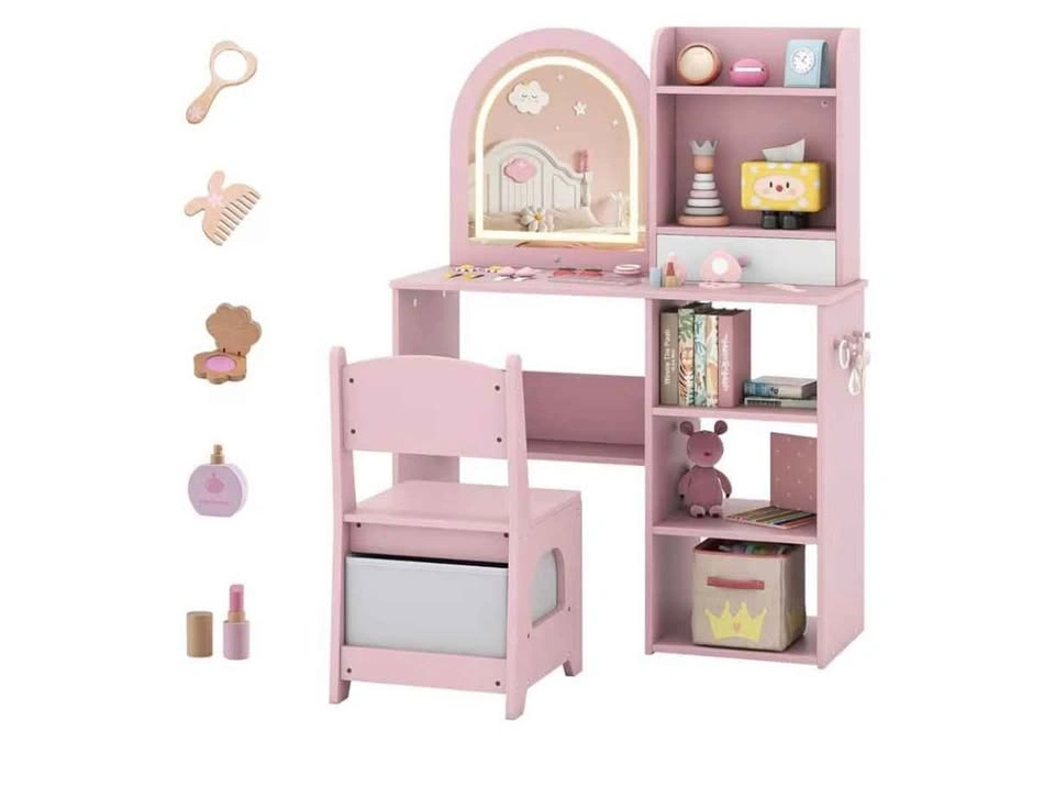 Kids Vanity Table with Chair, LED Mirror, and Storage Shelves, P - photo 3