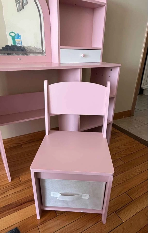 Kids Vanity Table with Chair, LED Mirror, and Storage Shelves, P - photo 5