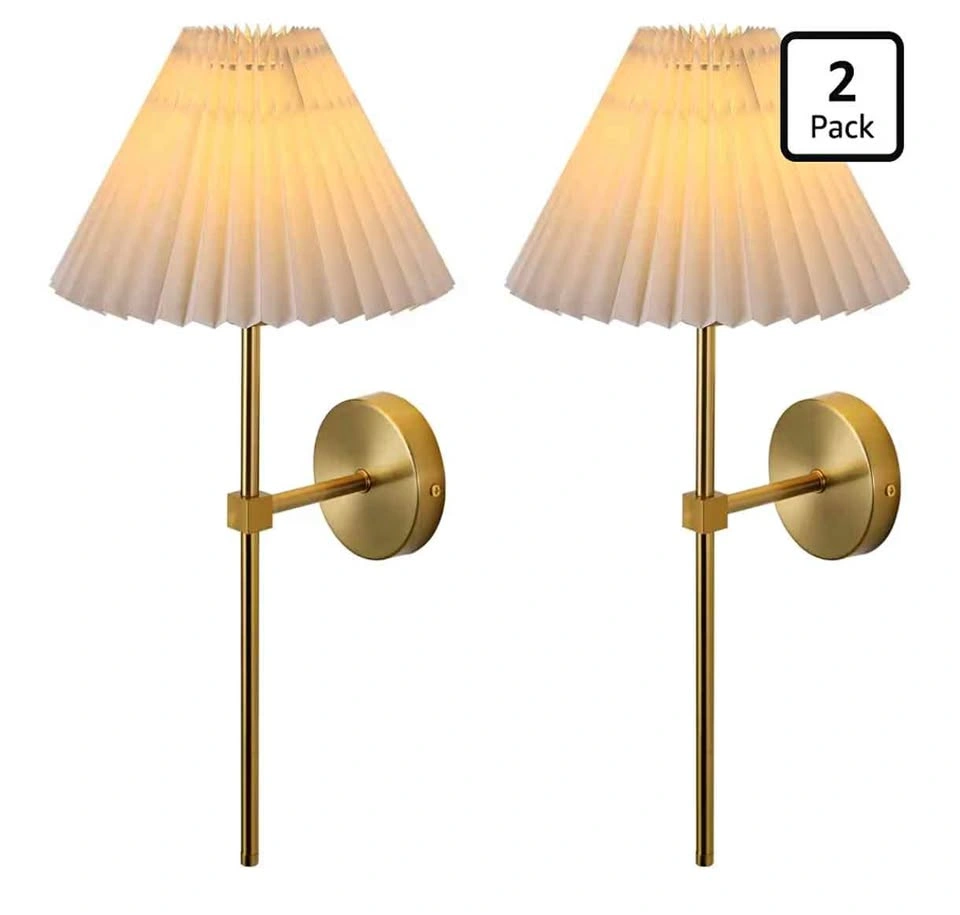 Wall Sconces with White Fabric Lampshade, Gold, Set of 2