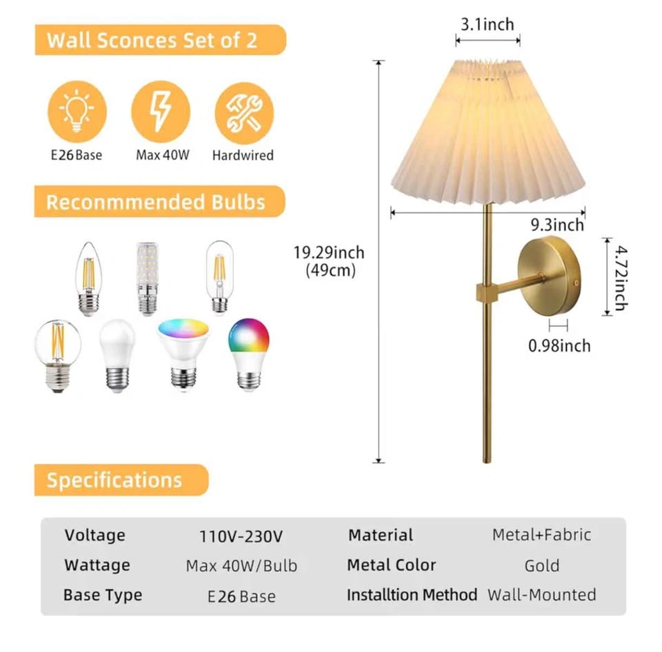 Wall Sconces with White Fabric Lampshade, Gold, Set of 2 - photo 3