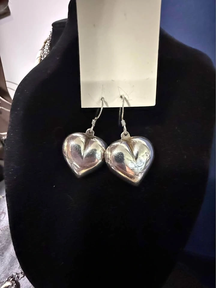 Puffed Heart Sterling Silver Dangle Earrings