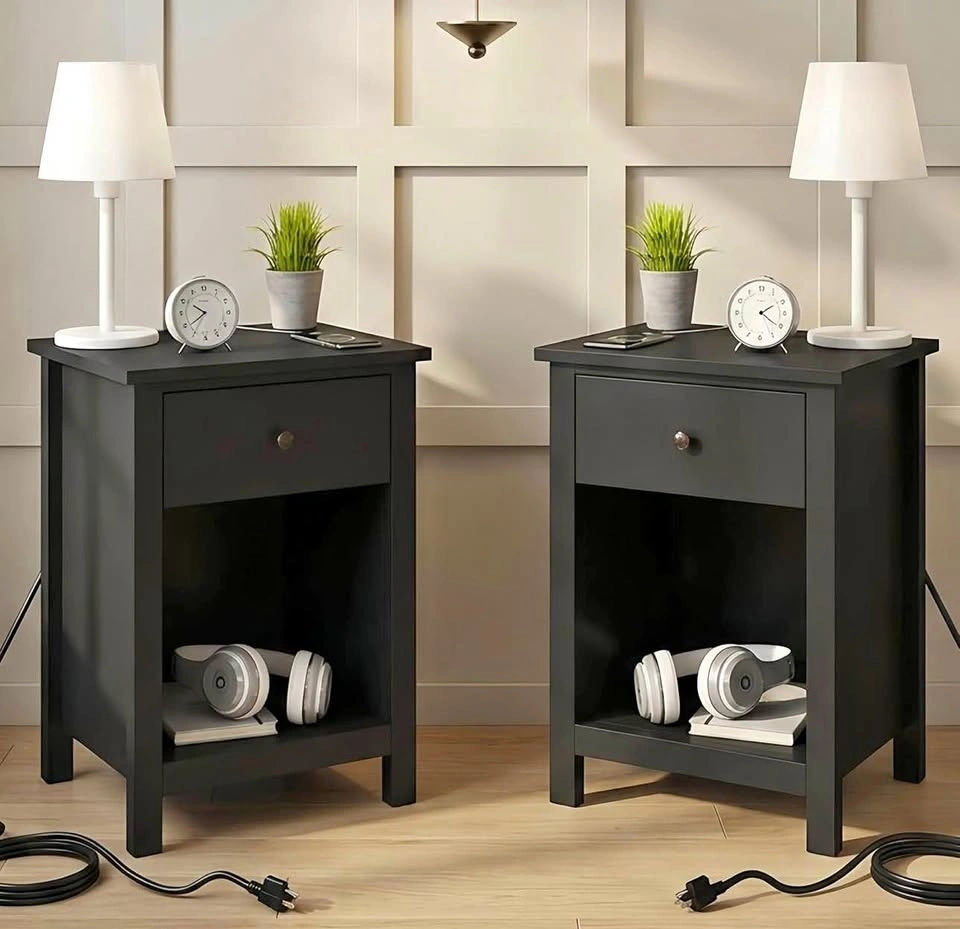 Black Nightstand Set of 2 with Charging Station