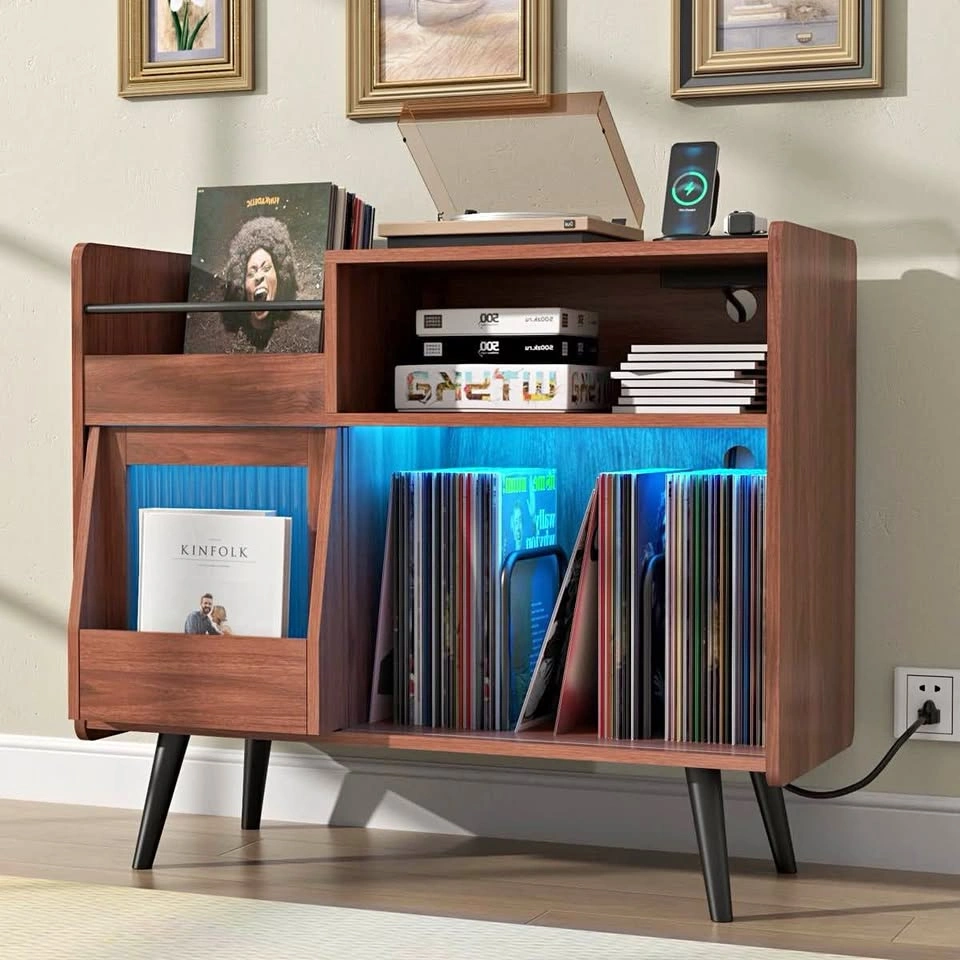 Large Record Player Stand with Sliding Door, LED Light & Power O