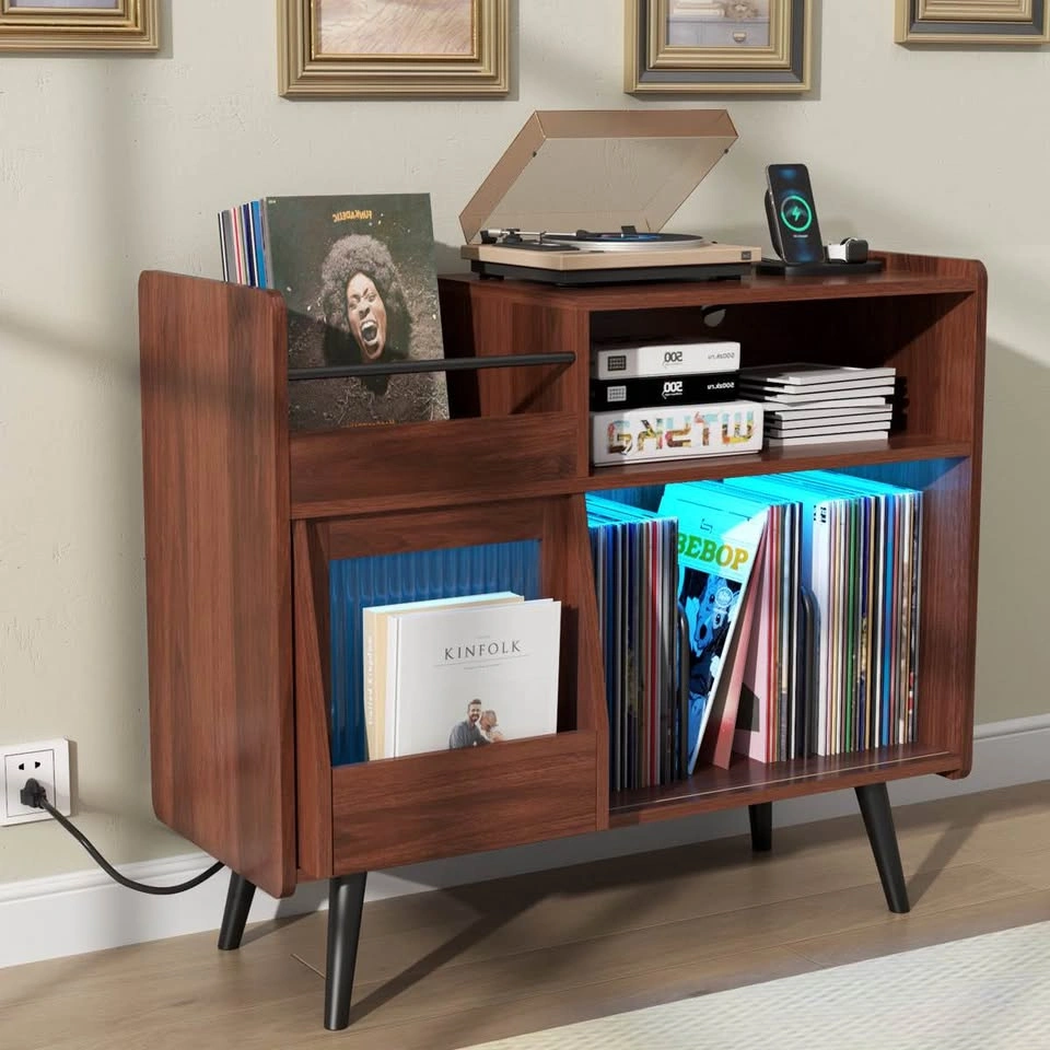 Large Record Player Stand with Sliding Door, LED Light & Power O - photo 4