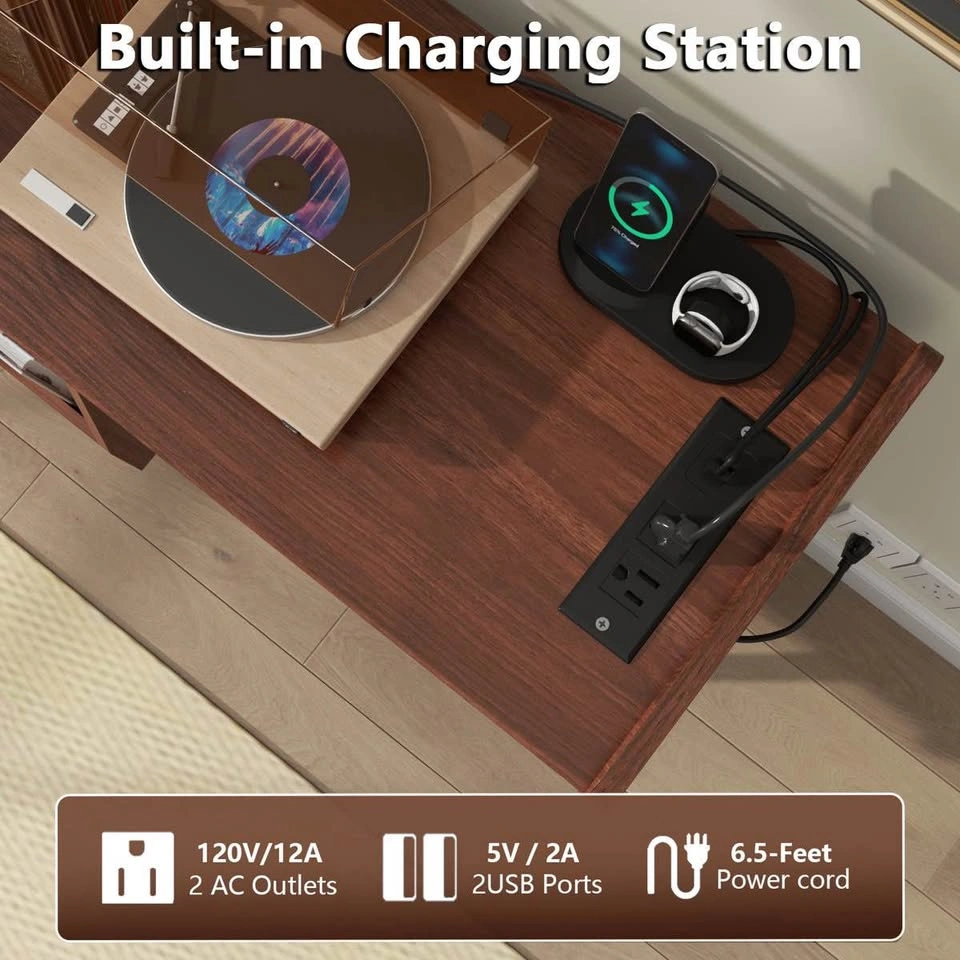 Large Record Player Stand with Sliding Door, LED Light & Power O - photo 5
