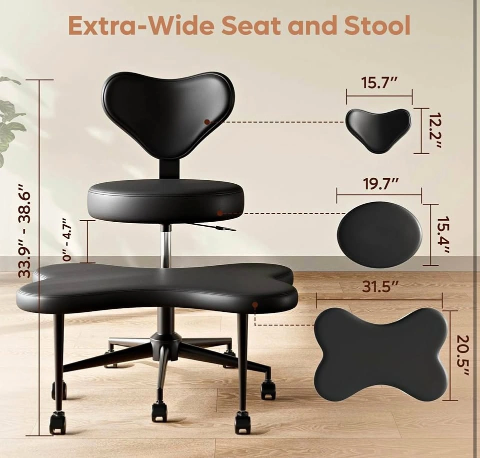 Ergonomic Kneeling Chair with Wheels – Adjustable Swivel (Black,