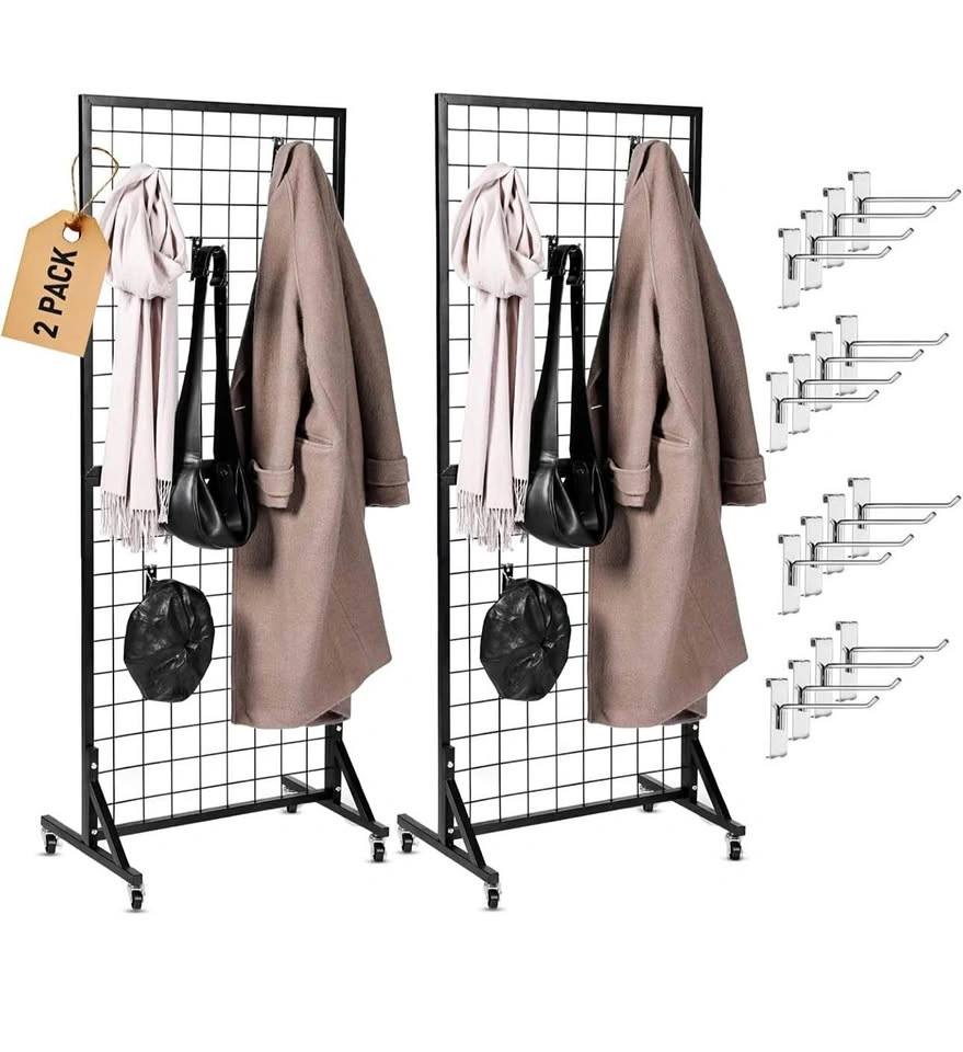 2 Grid Wall Panels 2’x5’ on Wheels - Display Stand w/ 16 Hooks