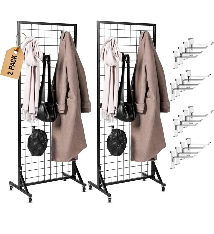 2 Grid Wall Panels 2’x5’ on Wheels - Display Stand w/ 16 Hooks