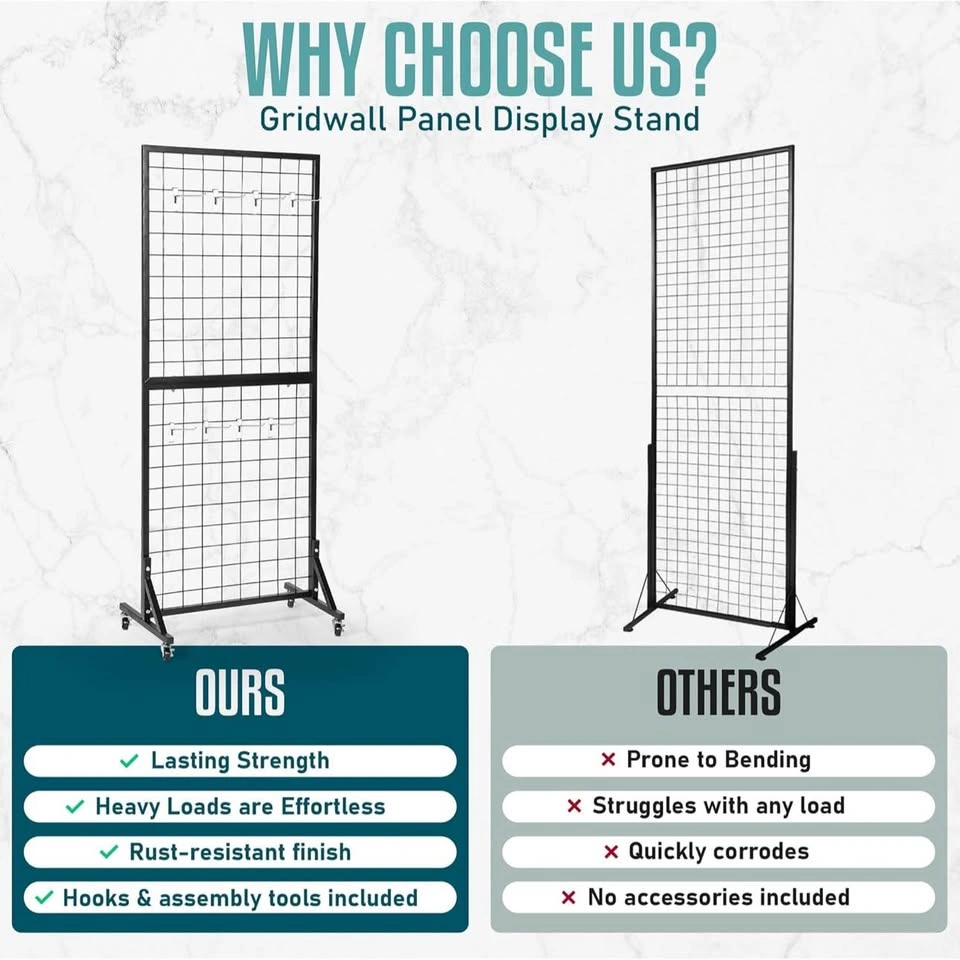 2 Grid Wall Panels 2’x5’ on Wheels - Display Stand w/ 16 Hooks - photo 3