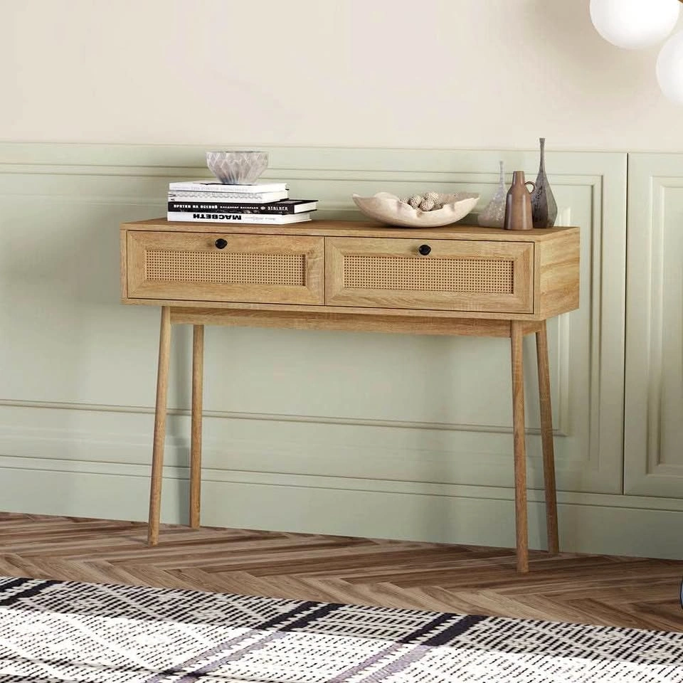 Boho Console Table with Drawers - Natural Wood Finish