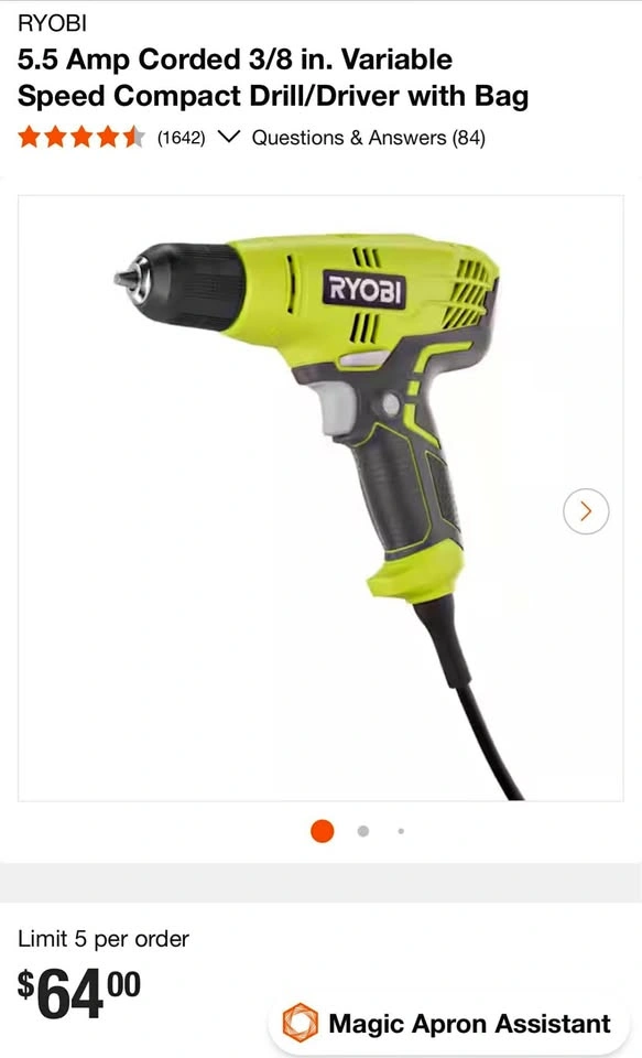 Ryobi 5.5 Amp Corded 3/8 in. Variable Speed Drill/Driver