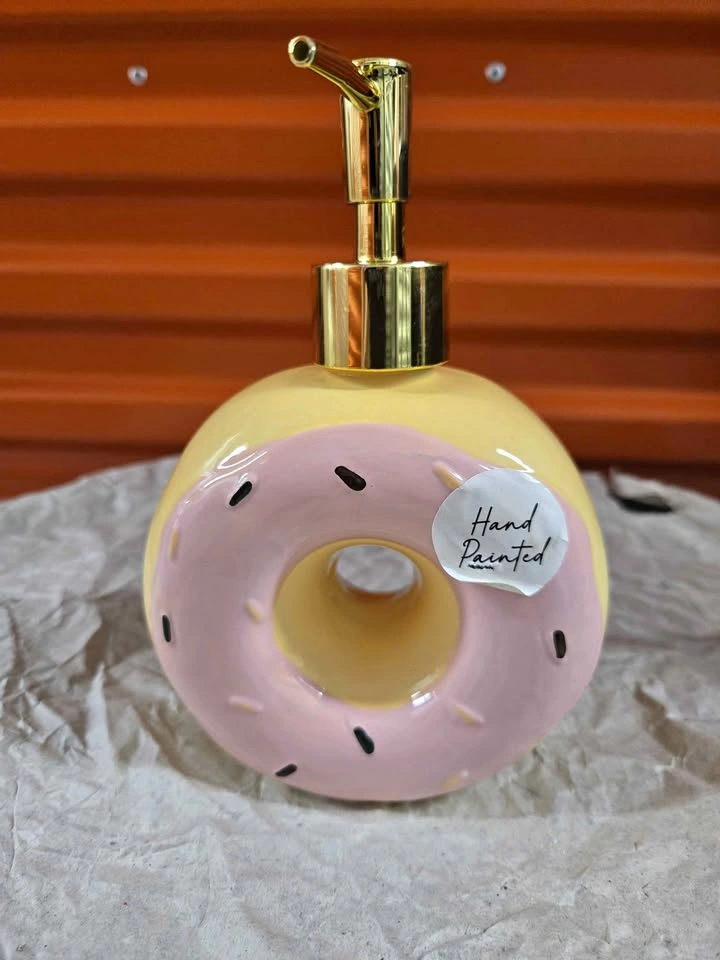 Cute Donut Soap Dispenser Hand Painted Yellow Pink Gold Pump