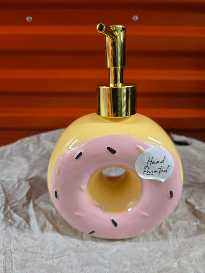 Cute Donut Soap Dispenser Hand Painted Yellow Pink Gold Pump - photo 2