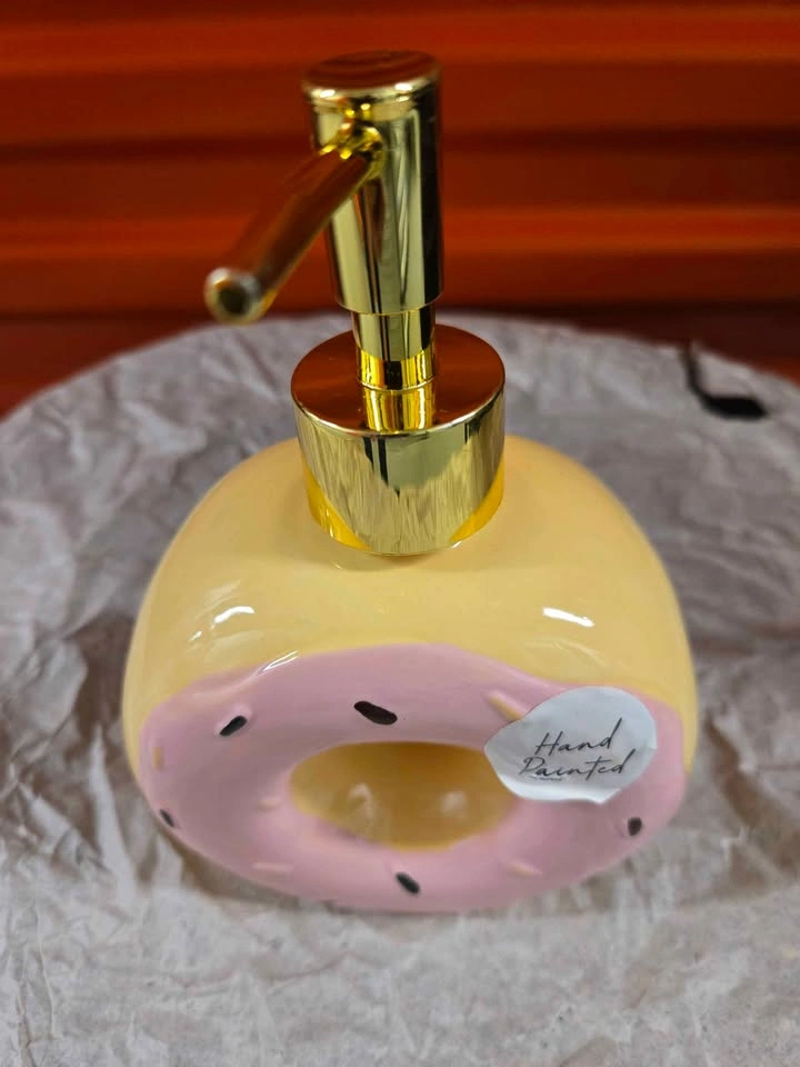 Cute Donut Soap Dispenser Hand Painted Yellow Pink Gold Pump - photo 3