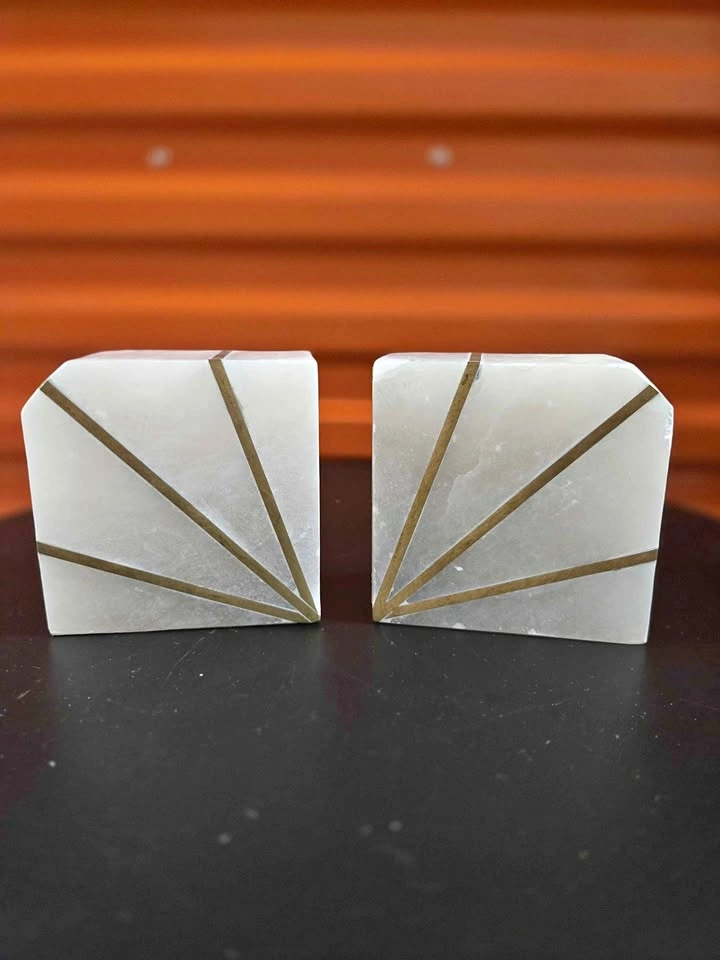 West Elm Alabaster Marble Brass Inlay Bookends Pair
