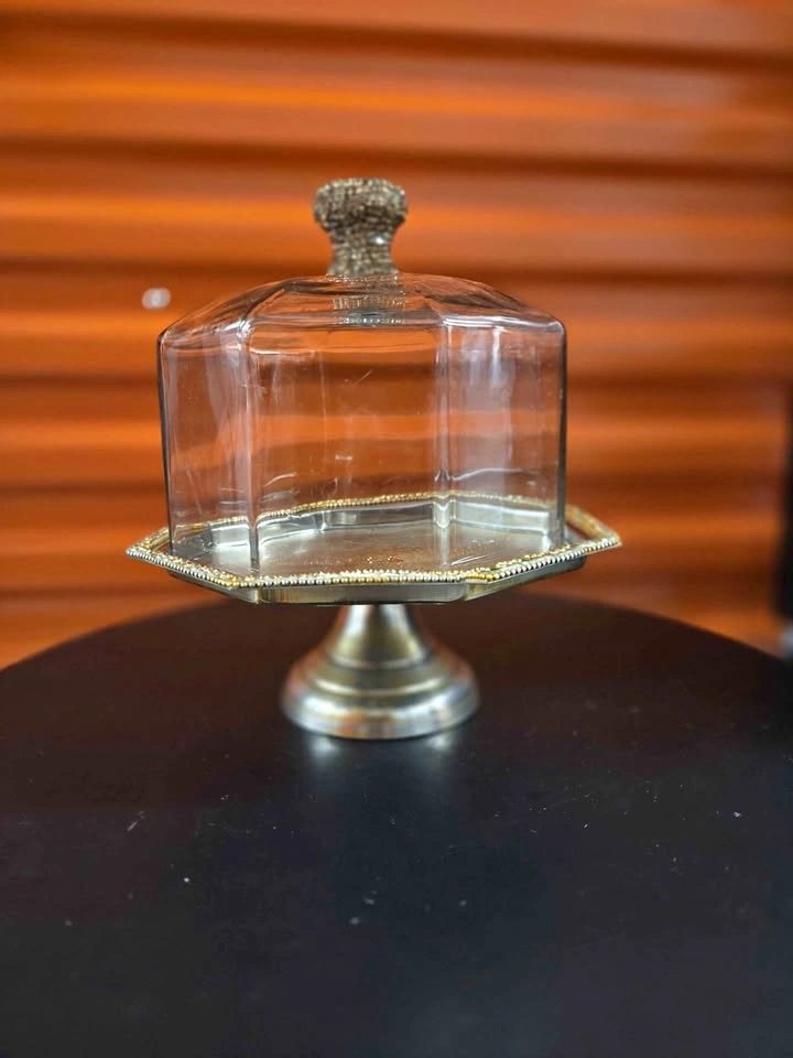 Octagonal Glass Cloche Cake Stand Gold Rhinestone Handle