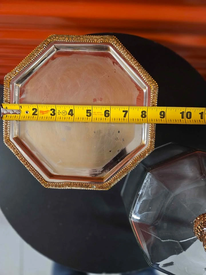 Octagonal Glass Cloche Cake Stand Gold Rhinestone Handle - photo 3