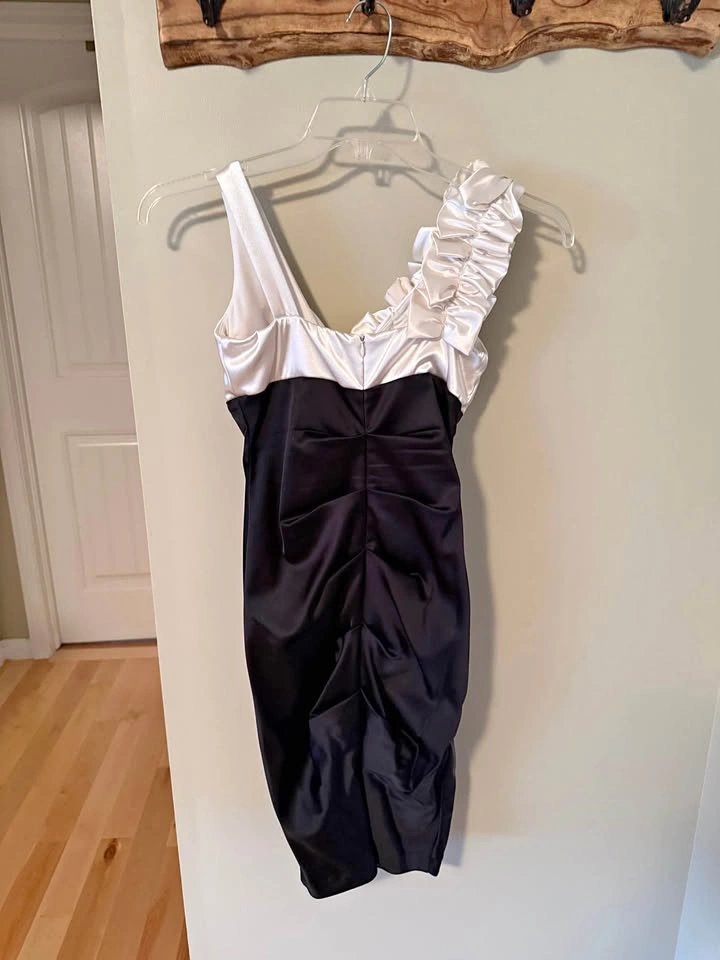 Black and White Satin Dress with White High Heels