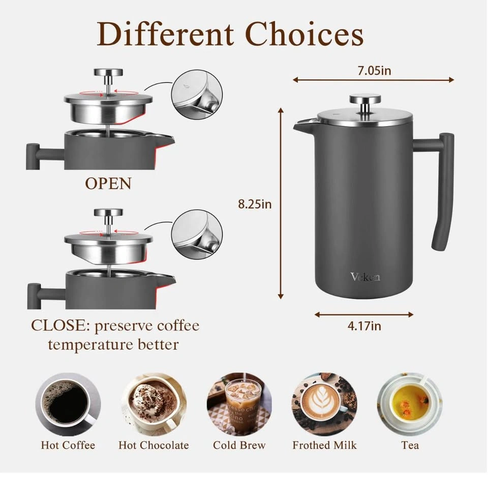Veken French Press Coffee Tea Maker 34 oz Stainless Steel - photo 2