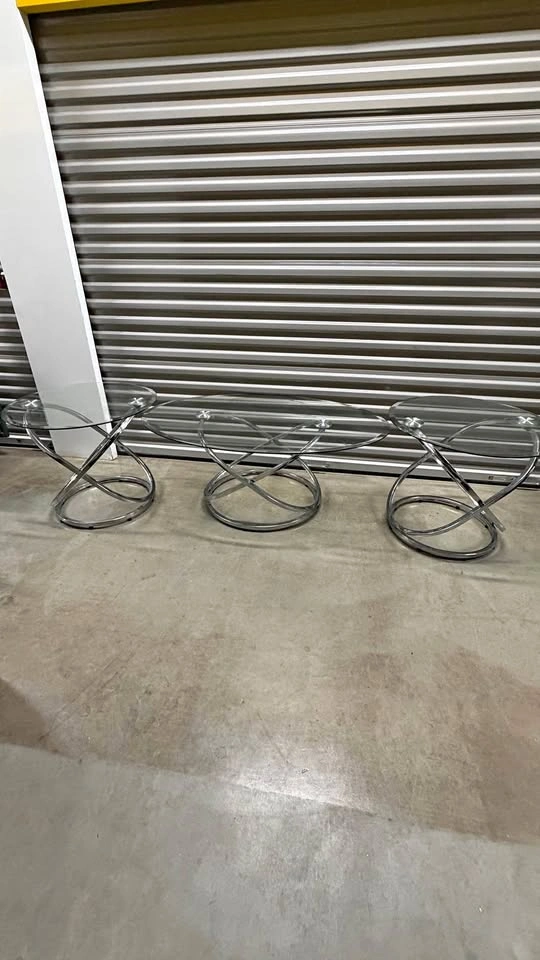 3-Piece Glass Coffee Table Set With Chrome Metal Bases
