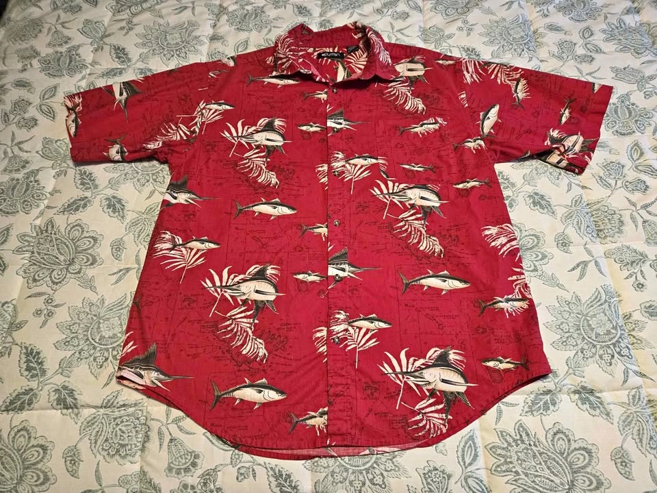 Puritan Men's L Red Fish Hawaiian Button Up Shirt