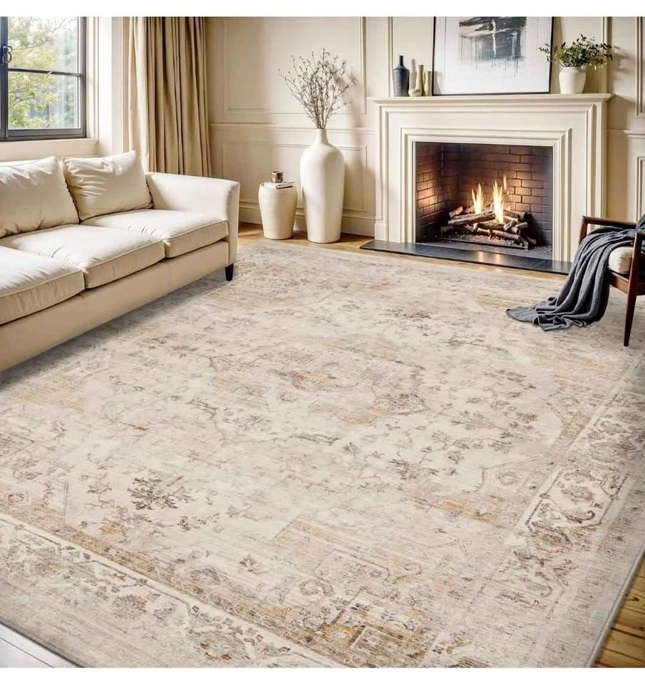 MontVoo Area Rug 9X12 - Beige Machine Washable Soft Vintage Rug