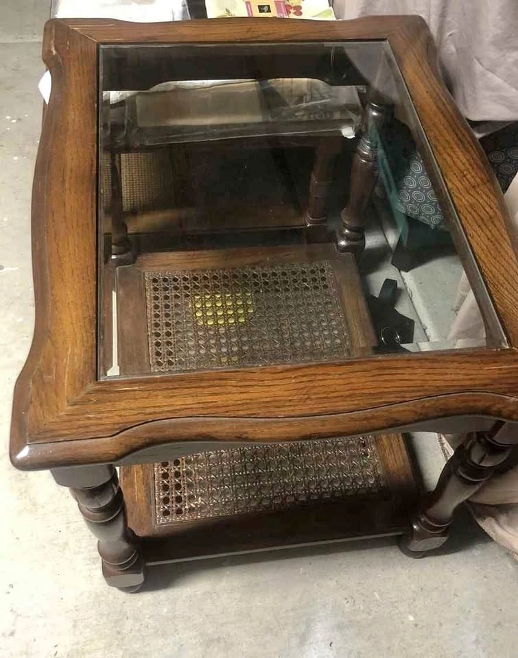 3 Vintage 1960s Wood End Tables w/ Glass Top & Rattan Shelves