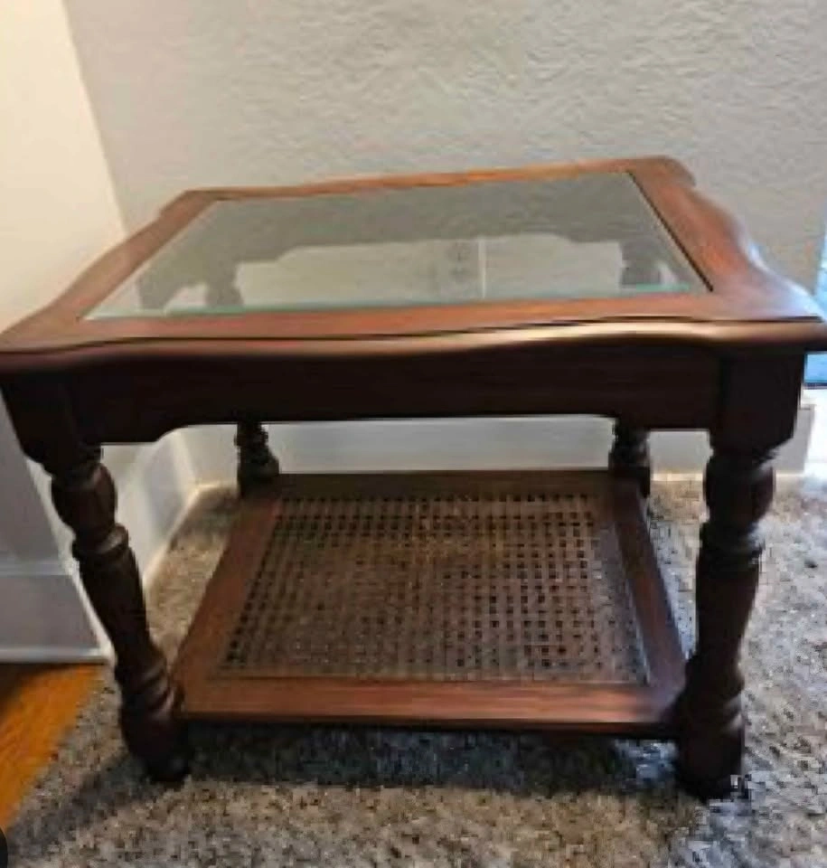 3 Vintage 1960s Wood End Tables w/ Glass Top & Rattan Shelves - photo 2